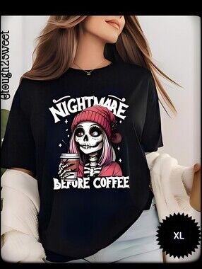 🆕NIGHTMARE BEFORE COFFEE GOTH PUNK Y2K TEE WITH PINK BEANIE XL